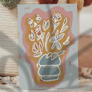 Arte floral imprimible caprichoso en azul, rosa y naranja / Póster de arte instantáneo de flores / Bellas artes ilustrativas / Botánico abstracto / Flores en jarrón