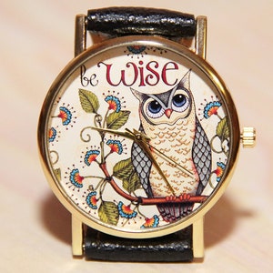 Wrist watch owl, bird watch, Women's watches, watch of wisdom, fabulous watch, green watch, forest clock, watch gift, watch wise