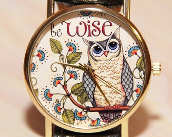 Wrist watch owl, bird watch, Women's watches, watch of wisdom, fabulous watch, green watch, forest clock, watch gift, watch wise