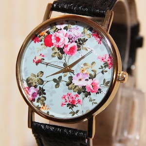 Wrist watch flowers, ladies watch, turquoise watch, leather watch, wedding clock, holiday clock, fashion watch, rose watch, Women's watches