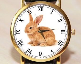 Rabbit watch, easter gift watch, ladies watch, orange watch, leather watch, rabbit, watch hare, cute watch, animal watch