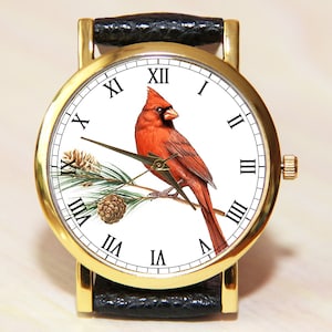 Wristwatch with a red cardinal, Cardinal Bird Watch, Gift Idea, Watch with birds, Red watch, Cardinal clock with birds, Men&#39;s Watch