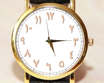 Arabisch horloge, Perzische nummers horloge, lederen horloge, minimalistisch horloge, dameshorloges, aangepast horloge, cadeau-ideeën, fashion watch, handgemaakt