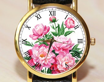 Peony watches, women’s watches, flowers watches, pink watches, leather watches, wedding watches, holiday watch, unique watch, handmade watch