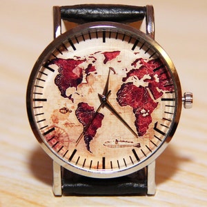 Armbanduhr Weltkarte, Uhr Landkarte Amerika, Uhr Globus, Herrenuhr, Uhr Erde, rote Weltkarte, Reiseuhr, Uhren handgemacht,