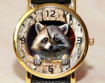 Raccoon watch in hollow, raccoon watch, men's watch, women wristwatch, leather watch, gift idea, unique watch, animal watch, brown watch