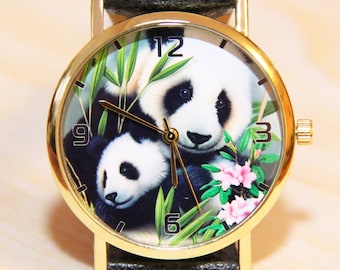 Wristwatch pandas, animal watches, women's watch, men's watch, children's watch, holiday watch, unique watch, handmade watch, novelty watch