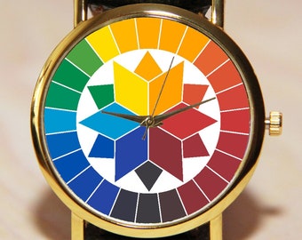 Wrist watch colored triangles, women's watches, men's watches, Color wheel, multi-colored watches. colored triangles, color watch