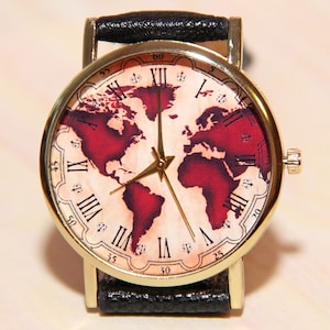 Wereldpolshorloge, herenhorloges, dameshorloges, antieke wereldhorloges, retro horloges, bruine horloges, cadeauhorloges, wereldkaart