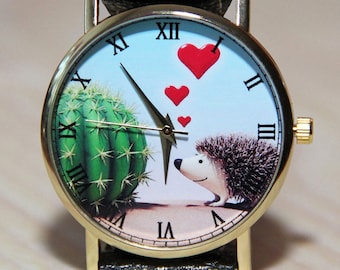 Reloj de pulsera con erizo y cactus, relojes para mujer, relojes para hombre, relojes para enamorados, regalo para San Valentín, relojes verdes, relojes con animales.