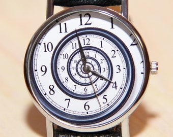 Spiral watches, women's watches, men's watches, black watches, leather watches, watches hand made, watches with figures, Mathematical watch