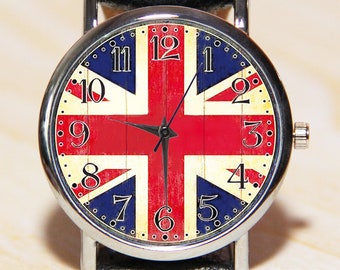 Orologi con bandiera britannica, orologi da donna, orologi da uomo, orologi per il giorno dell'indipendenza, orologi unici, bandiera del Regno Unito, orologi rossi, in pelle,