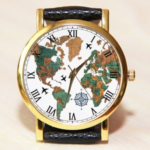 Armbanduhr Weltkarte, Armbanduhr Globus, Uhr Erde, Reise Uhr, Herrenuhr, Damenuhr, Unikate, Uhr handgefertigt, Farbkarte