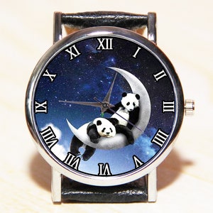 Watch pandas on the moon, panda watch, moon watches, constellation watch, cosmos watch, christmas watch, women's watches, men's watches