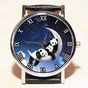 Watch pandas on the moon, panda watch, moon watches, constellation watch, cosmos watch, christmas watch, women&#39;s watches, men&#39;s watches