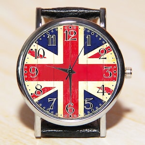 British flag watches, ladies watches, men&#39;s watches, independence day watches, unique watches, United Kingdom Flag, red watches, leather,