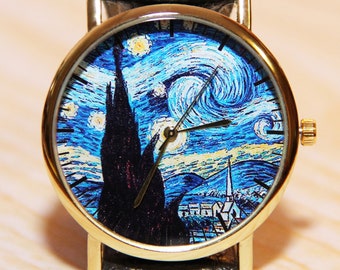 Watches van gogh, starry night watch, watch picture, watch art, women's watches, men's watches, blue watches, watch hand made
