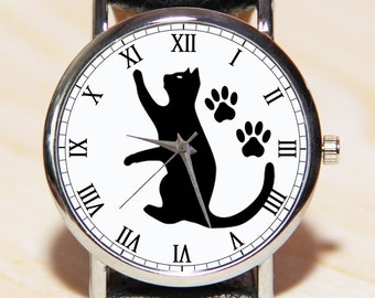 Orologio gatto nero, orologio zampe di gatto, orologio da donna, regalo per amanti degli animali, orologio con impronte di animali, orologio regalo per lei, orologio con gatto