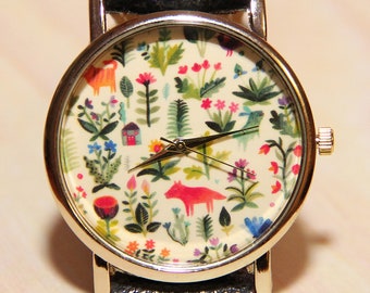 Reloj de bosque, reloj de animales, relojes de mujer, reloj de cuento de hadas, reloj infantil, reloj rojo, reloj negro, relojes turquesa, reloj de flores
