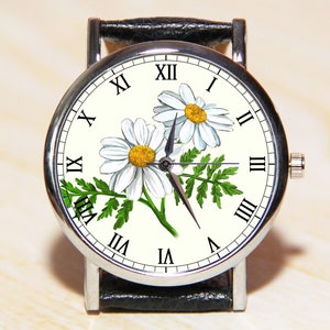 Chamomile watch, flowers watch, ladies watch, white watch, leather watch, handmade, unique watches, gift watches, wedding watch, women watch