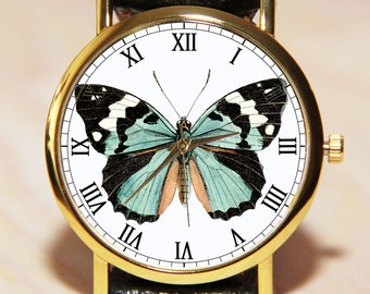 Butterfly wrist watch, leather watch, ladies watch, wedding watch, green watch, turquoise watch, Fashion Watch, vintage watch