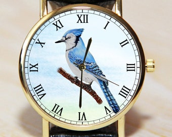 Wrist watch blue jay, Blue Bird Watch, Leather Watch, Wrist watch with birds, Ladies Watch, Unisex Watch, Women's watch, Wristwatch gift