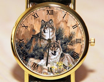 Wolves wrist watch, men's watch, women's watch, wolf couple watch, animal watch, gift watch, gray watch, leather watch, watch oil painting