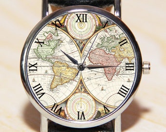 Аntique map watch, men's watches, women's watch, minimalism watch, classic watch, world map watches, globe watch, watch  travelers, present