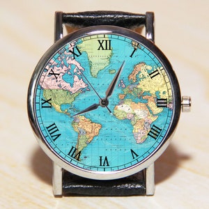 Uhr Weltkarte, Uhr Globus, Reisende Uhr, Herrenuhr, Uhr Erde, Frauen Uhr, Geschenk für Ehemänner, Vintage Weltkarte, Schmuck Weltkarte