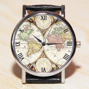 Antiek kaarthorloge, herenhorloges, dameshorloge, minimalisme horloge, klassiek horloge, wereldkaarthorloges, wereldbolhorloge, reizigers kijken, cadeau