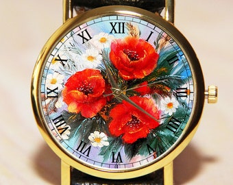 Armbanduhr Mohnblumen, Uhren rote Blumen, Uhr Blumen, Uhr Wildblumen, Damenuhren, Uhren für Mädchen, Urlaubsuhr, Hochzeitsuhr