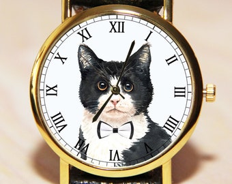 Armbanduhr Katze, Armbanduhr Katze mit Krone, Armbanduhr Katze mit Schleife, Armbanduhr Katze mit Kranz, Armbanduhr Tierwesen, schwarze Katze Armbanduhr