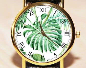 Floral Green Leaves Watch, Unisex Wrist Watch, Men’s Watch, Women’s Watch, monstera wristwatch, houseplant watch, green watch, Plant gift