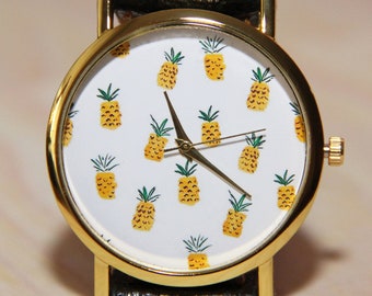 Polshorloges ananas, vluchthorloge, horloges fruit, dameshorloges, herenhorloges, gele horloges, vrolijk horloge, horloge handgemaakt