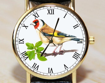Goldfink Uhr, Gartenuhr, Damenuhr, Vogel Uhr, Lederuhr, Vogelmalerei, englische Goldfinch, Armbanduhr, Biologie-Uhr,