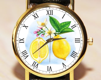 Relógio de couro com limão, relógio feminino com frutas e limão, relógio unissex, joias com limão, relógio com frutas e limão, relógio artístico, relógio cítrico, presente amarelo-limão