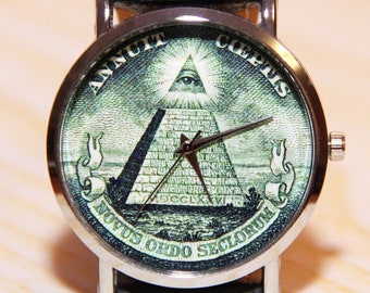 Dollar Siegel watch, wristwatch pyramid of the eye, men's watches, women's watches, green watch, wristwatch American dollar, handmade