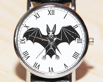 Bat watch, Wrist watch skeleton of a bat, Halloween watch, men&#39;s watches, Men&#39;s goth bat watch, unique watches, goth watches,leather watches