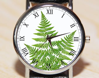 Green Leaves Wristwatch, Fern Leaves Watch, Ladies Watch, Green Watch, Leather Watch, Nature Watch, Plant Watch, Watch Gift for Her