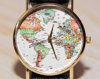 Watch World Map, women's watches, men's watches, travel clocks, globuz watches, earth, wedding watches, gift