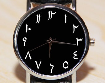 Montre arabe, montre à chiffres persans, montre en cuir, montre pour hommes, montres pour femmes, montre personnalisée, montre-bracelet avec chiffres arabes, montre noire