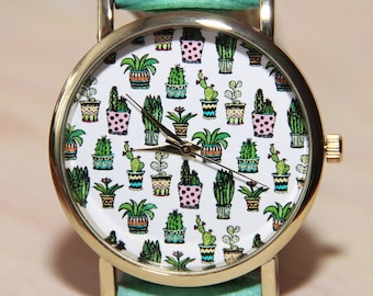 Сactus wrist watch, watch plant, succulent watch, women's watches, mens watch, children's watch, wedding watch, handmade watch, green watch