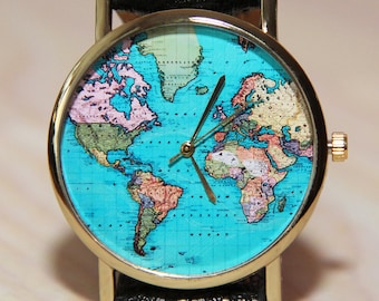 Wristwatches travelers, wristwatch world map, globe clock, women&#39;s watch, men&#39;s watches, watch gift, world map watch, clock on a journey