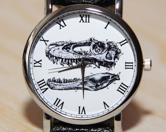 Dinosaur skeleton watch, wristwatch dinosaur head skeleton, unique watches, Womens Watch, Men's Watch, black  watch, Skull watch