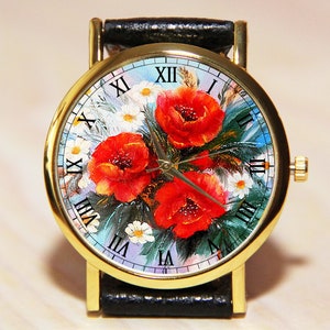Wrist watch poppies, watches red flowers, watch flowers, watch wildflowers, women&#39;s watches, watches for girls, holiday watch, wedding watch