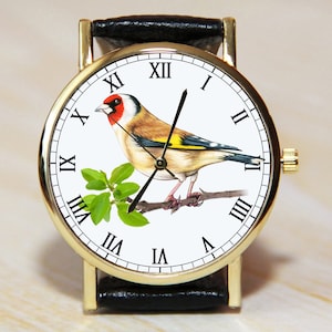 Goldfinch watch, Garden Watch, Women&#39;s watch, bird watch, leather watch, Bird Painting, english goldfinch, wristwatch biology watch,