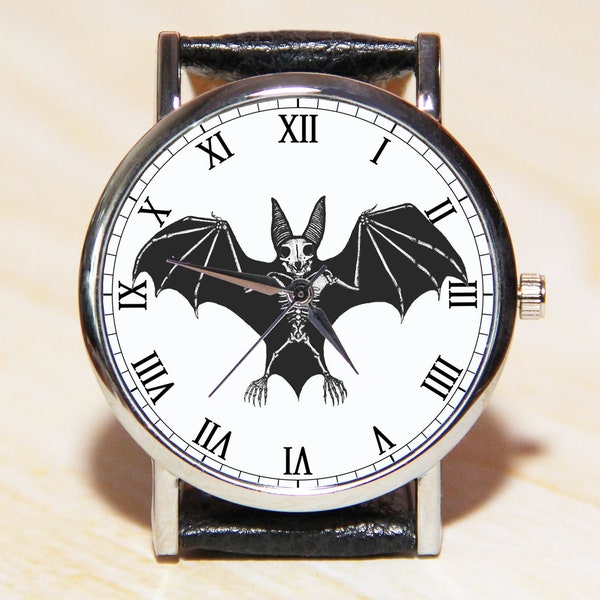 Bat watch, Wrist watch skeleton of a bat, Halloween watch, men's watches, Men's goth bat watch, unique watches, goth watches,leather watches