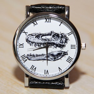 Dinosaur skeleton watch, wristwatch dinosaur head skeleton, unique watches, Womens Watch, Men&#39;s Watch, black  watch, Skull watch