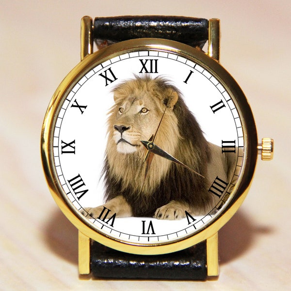 Montre-bracelet lion, montre homme, montre femme, montre animal, montre en cuir, montre marron, montre cadeau, bijoux avec un lion, montre de mariage