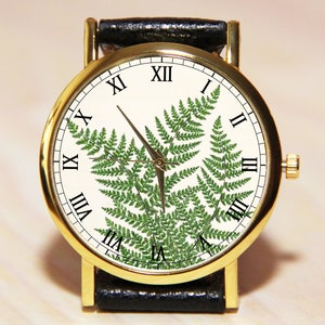 Wrist watch with fern leaves, watch with green leaves, Ladies watch, green watch, leather watch, watch nature,watch plant,watch gift for her